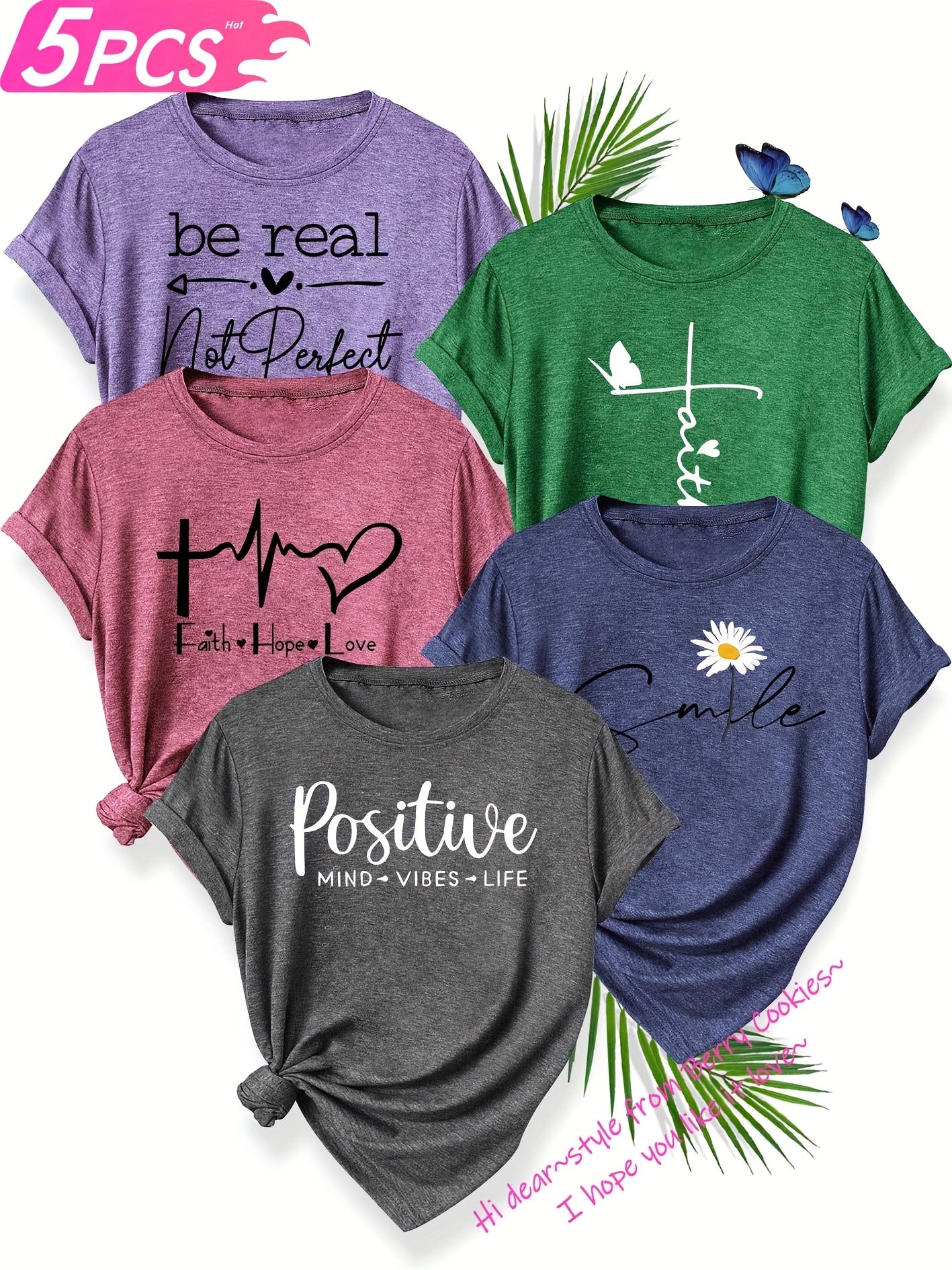 5pcs Women's T-Shirt Set, "Be Real" & "Smile" Inspirational Quotes, Heart & Flower Designs, Soft Polyester, Round Neck, Short Sleeve, Spring/Summer/Fall Casual Wear, Sizes S-XXL, Spring Summer Apparel, Playful Graphic Tees, M