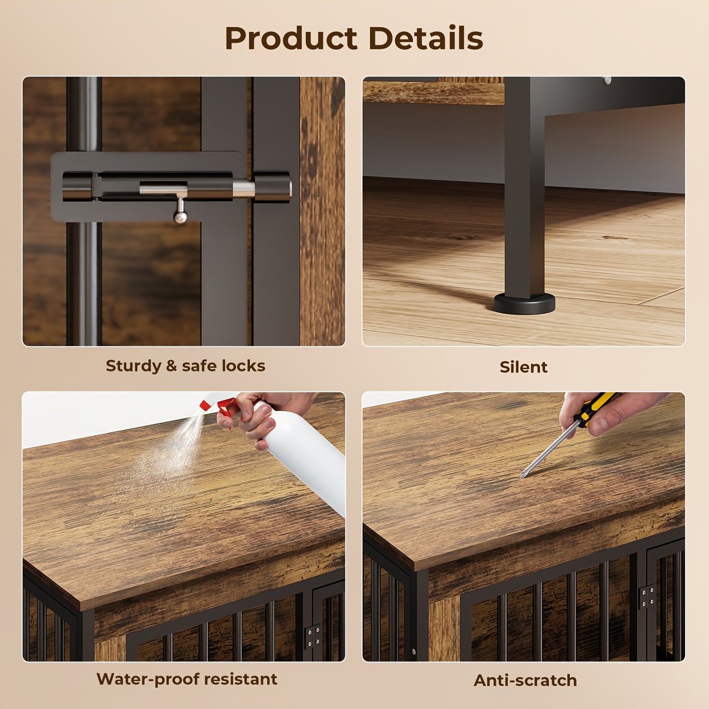 Dog Cage Furniture, XXL 78" Thick Wooden Frame & Iron Construction, Removable Divider Double Doors Durable Sturdy Design, for 2 Large Medium Dogs, Brown