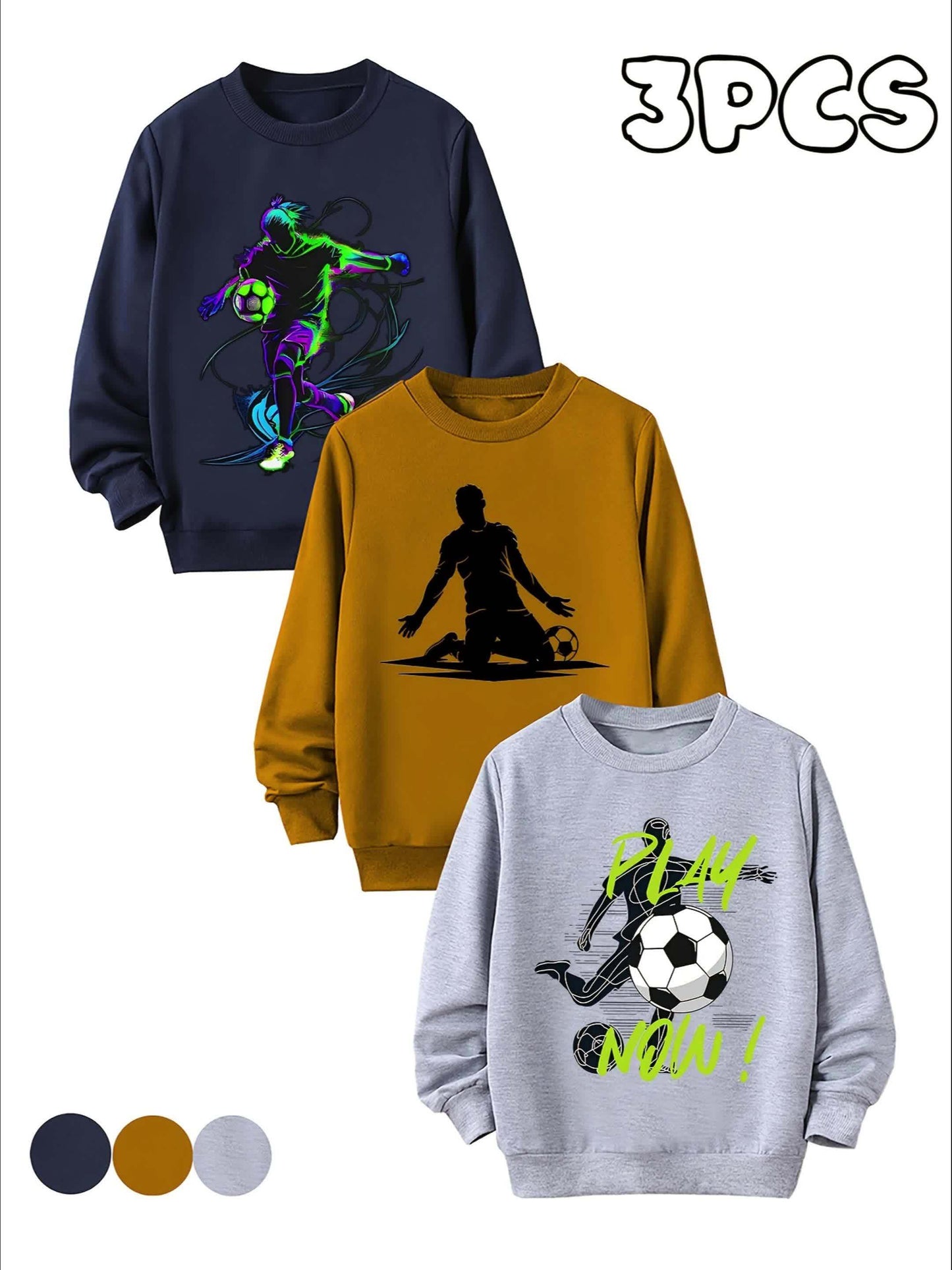 [Soccer Silhouette Combo] 3pcs Boys' Soccer Silhouette Combo Sweatshirt | Spring/Autumn Long Sleeve Crew Neck Print