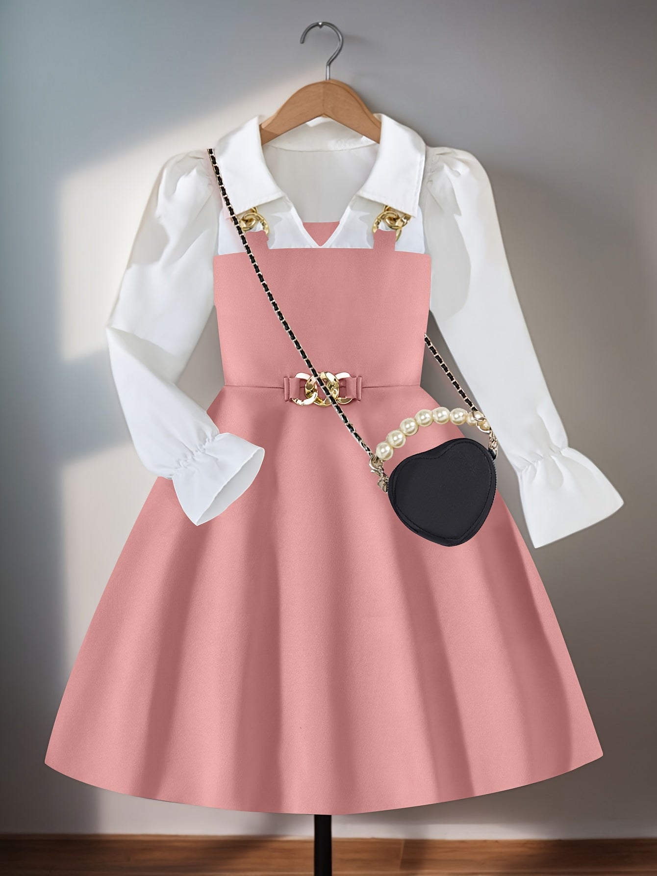 Girls' Elegant Long Sleeve Dress, Golden Chain Collar & Bell Skirt A-Line Party & Everyday Dress, Machine Washable Durable Fabric, Sturdy Construction Highquality Material, for School Christmas Birthday Outfits Holiday Outfit