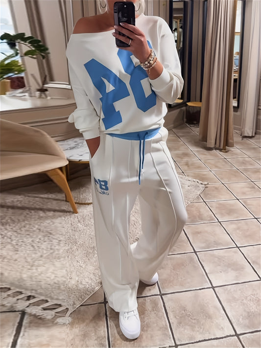 Women'S Casual Long Sleeve Pullover Sweatshirt & Wide Leg Pants Set - "AC" Letter Print, White with Blue Accents, Drawstring Waist, Comfortable Polyester Blend for Fall/Winter, Cozy Clothing | Relaxed Fit Pants | Polyester Bl
