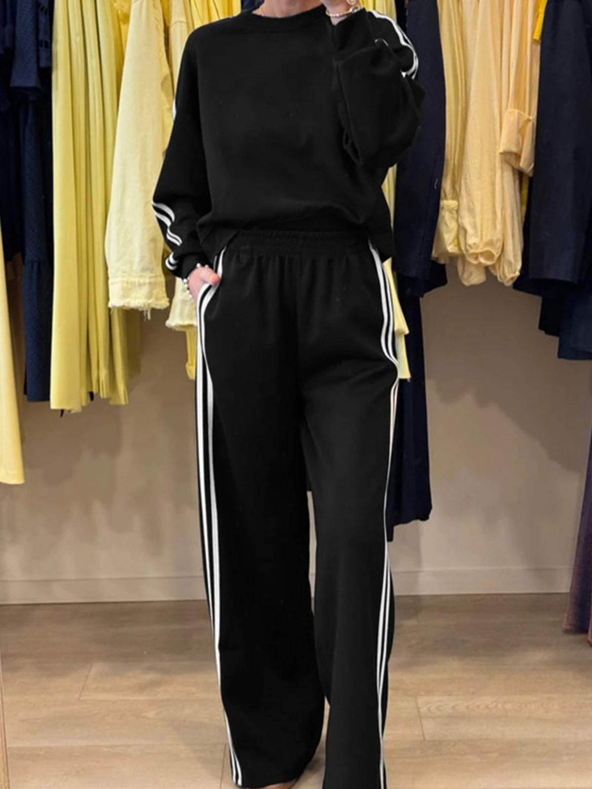 Fiery Red Varsity Striped Detail Crewneck Pullover Elastic Sweatpants 2pcs Outfit
