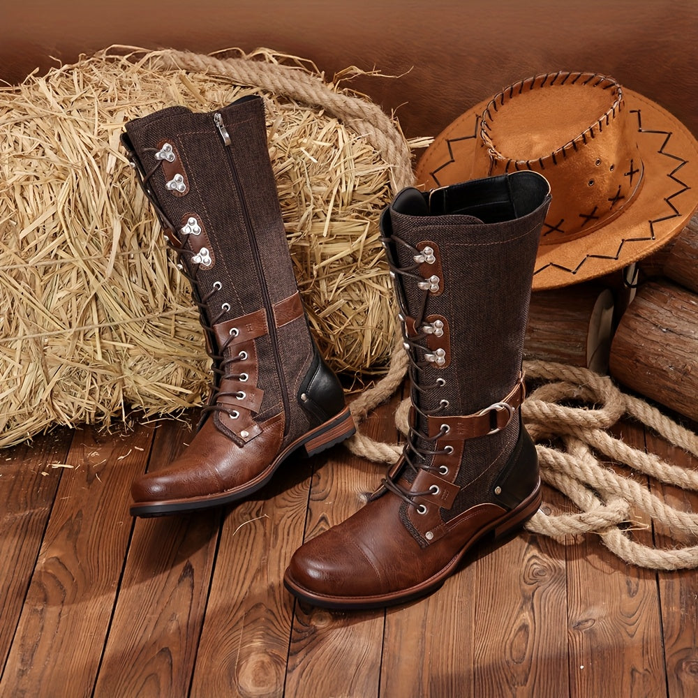 Men's Brown Platform Combat Booties with Lace-Up Front, Side Zip, Adjustable Buckle Straps, and Non-Slip Rubber Sole - Ideal for Motorcycle Riding and Training