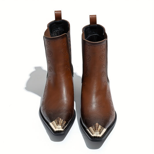 Men'S Fashion Iron-toe Chelsea Boots, Cowboy Boots, Western Boots, Ankle Boots. Low Heel, Faux Leopard Print, Elastic Band. Fashion Street, Party, Wedding, Business.