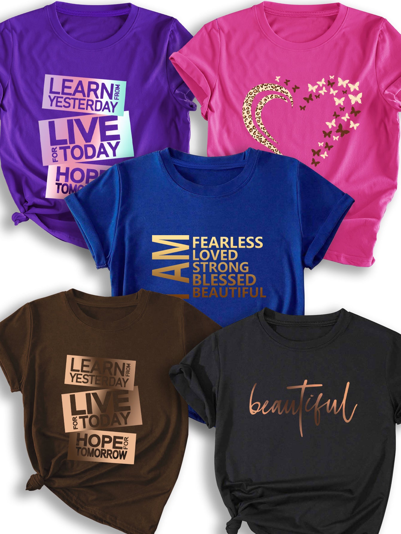 [Casual T-Shirts] 5pcs Women's Casual Crew Neck T-Shirts - Polyester, Short Sleeve | Inspirational Print Tee | Comfortable Fit Tee, All-Season, Round Neck