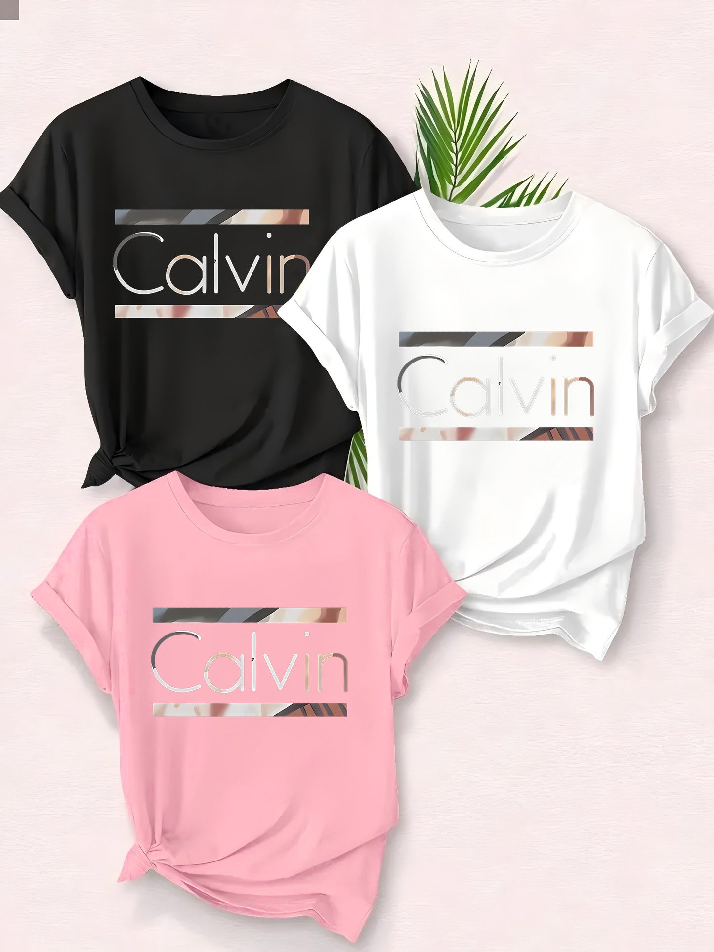 [Calvin | Women's Casual] Calvin Women's Casual T-Shirt Set | Letter Print, Premium Leisure, Round Neck, Medium Stretch, Machine Washable, Summer Essential, Comfort Fit, Pattern Design, Trendy Must-Have