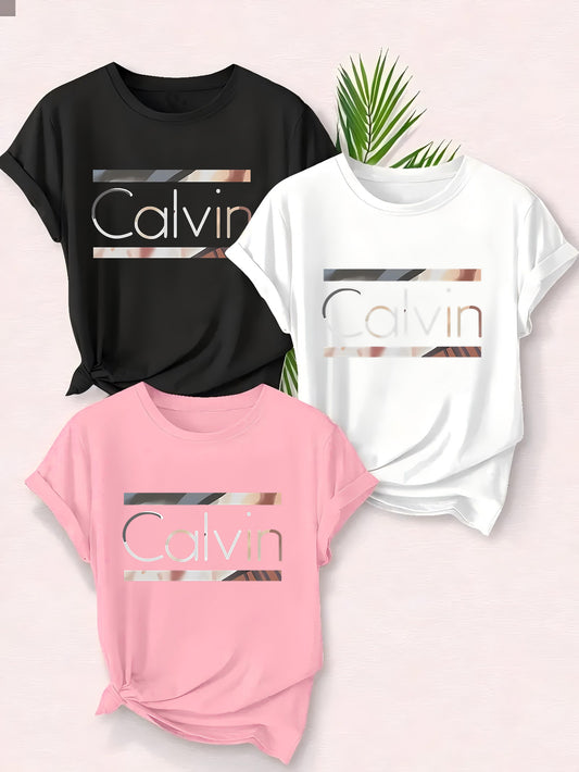 [Calvin | Women's Casual] Calvin Women's Casual T-Shirt Set | Letter Print, Premium Leisure, Round Neck, Medium Stretch, Machine Washable, Summer Essential, Comfort Fit, Pattern Design, Trendy Must-Have