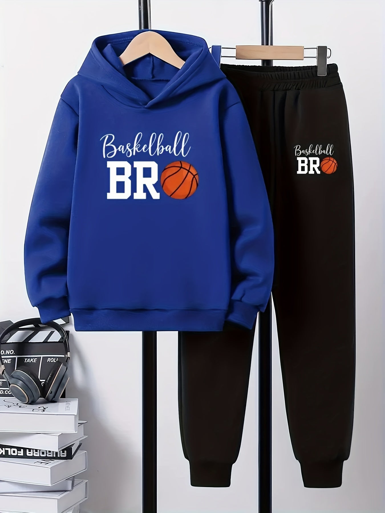 2pcs Boys' Basketball Outfit Set - Hoodie & Joggers with BR Print, Thick Winter Warmth, Machine Washable Casual Playwear for School & Practice, for Outdoor, Perfect For Youngsters' Sports & Activities