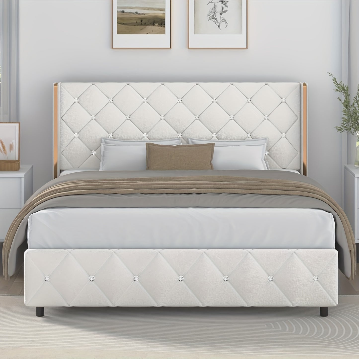 Twin Full Queen King Size Bed Frame, Upholstered Bed Frame with Diamond Tufted Headboard, Modern Silvery Side Wing Back, No Box Spring Needed, Easy Assembly, Purple, Black, Blue, Green, Pink, White