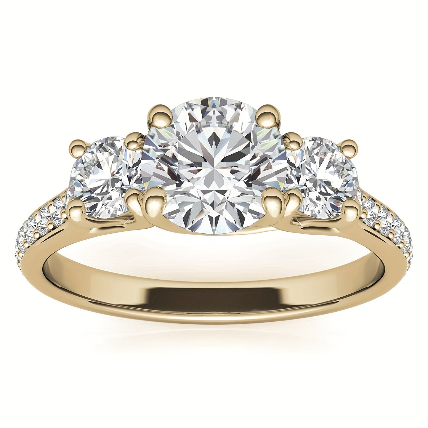 1pc Elegant 3-Stone Moissanite Engagement Ring for Women, 14K Golden Plated 925 Silver, Round Synthetic Stones, 4-Prong Setting, Ideal for Wedding & Valentine'S Day Gift
