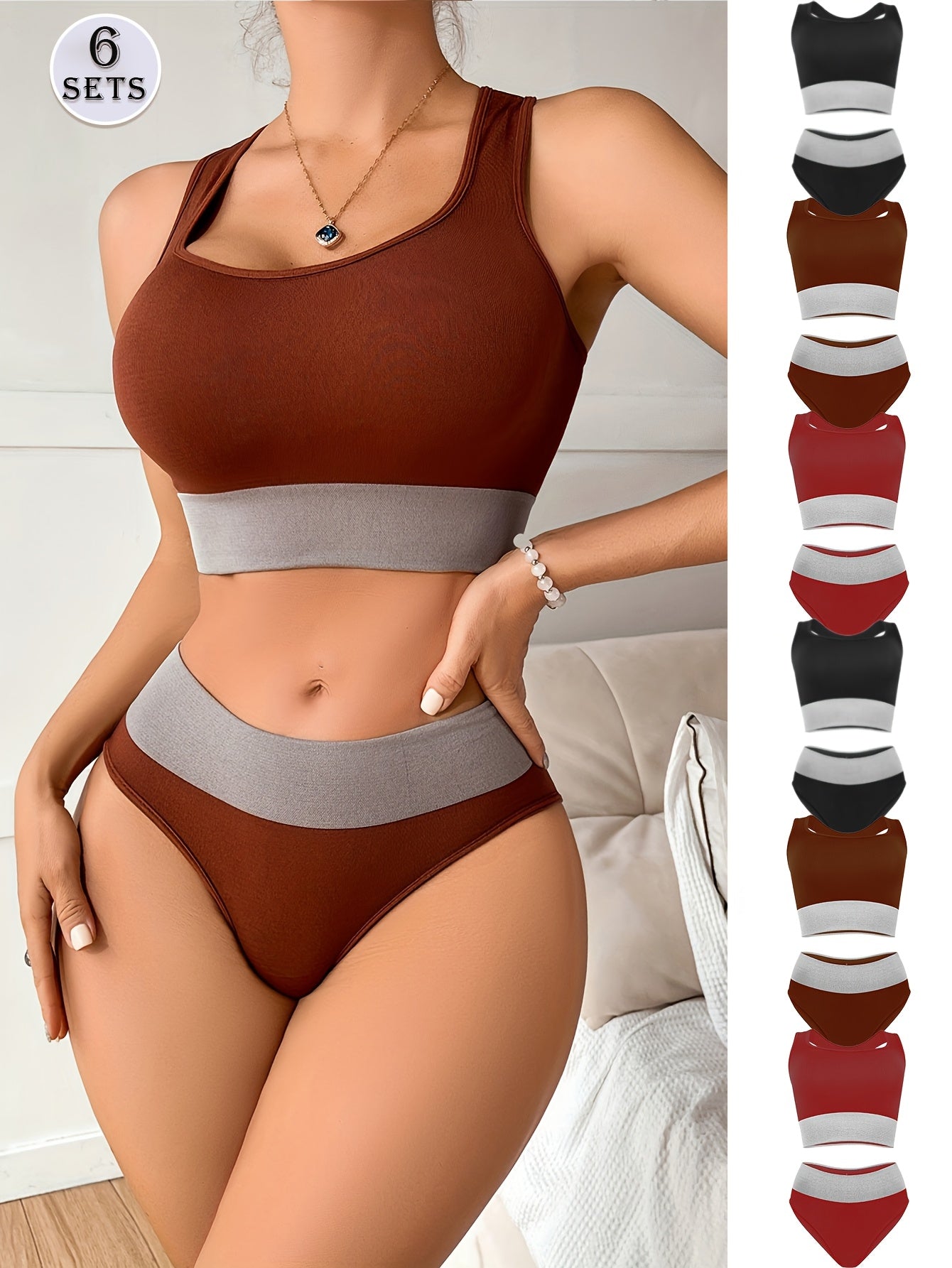 6pcs Ladies Sexy Solid Colour Comfort Bra Set, Mixed 3 Colours Fashion Clash Soft Breathable Bra Set, Wireless Push Up & Lifting Sports Bra & Low Waist Hip Wrap Panties, Suitable For Daily And Sports Wear