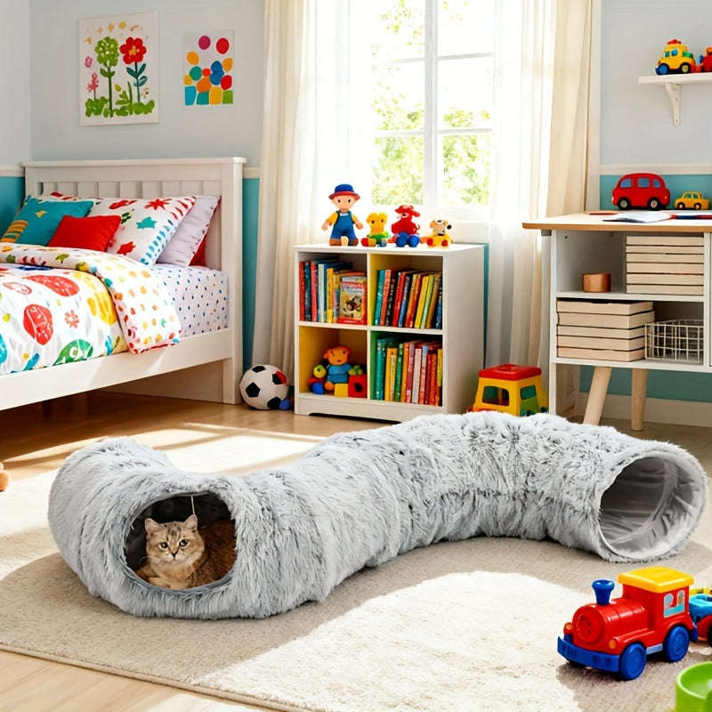 [Cozy Nest for Cats] 2-in-1 Plush Cat Tunnel Bed | Winter Warm Donut-Style Cozy Nest, Enclosed Hideaway with Peekaboo Hole & Hanging Pom Pom Toy, Extra Thick Soft Pet Bed for Anxiety Relief, Deep Sleep, Non Slip Bottom, Multi