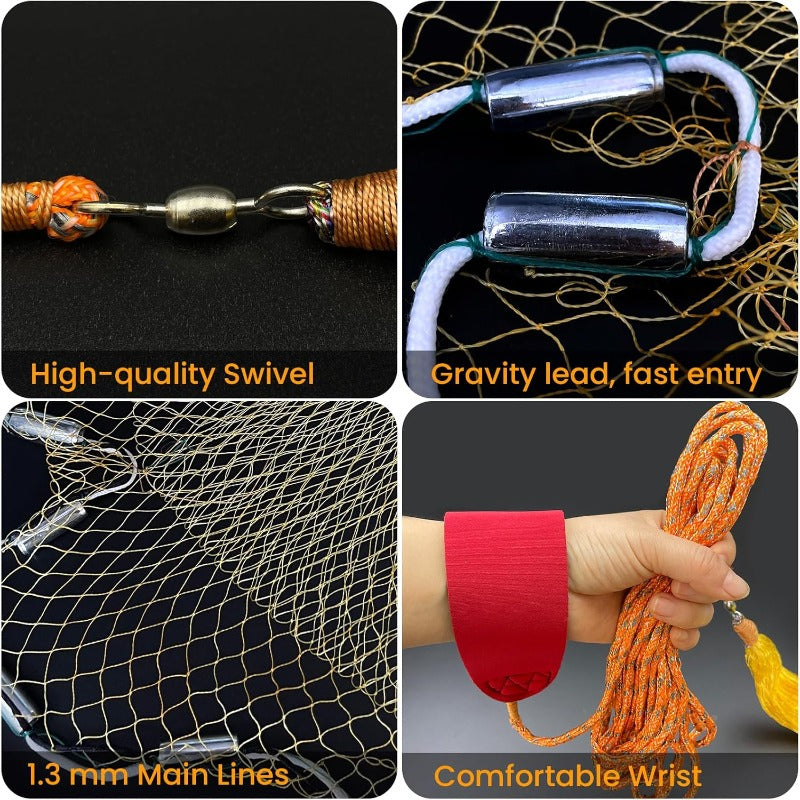 Heavy-Duty Handmade Nylon Multifilament Casting Net with 3/8” Mesh, Zinc-Weighted Sinkers & Saltwater/Corrosion Resistant - 3ft/4ft/6ft/8ft/10ft/12ft Hand Throw Net for Bait Fish, Freshwater/Saltwater Fishing (Commercial &