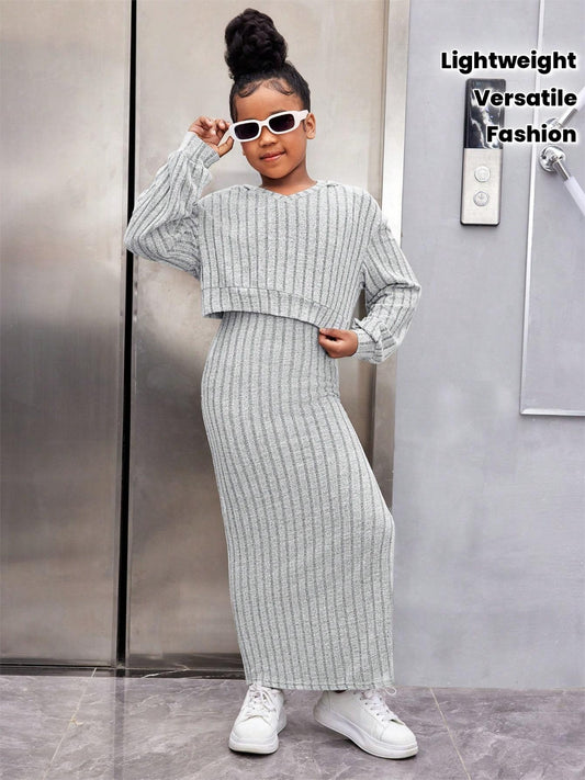 Tween Fashion Casual Versatile Velvet Ribbed V-Neck Hooded Loose Crop Top & Fitted Long Dress 2pcs Set, Perfect for: Young Teens, Style: Fashion, Season: Fall/Winter, Fall Winter Clothing, Stylish Outfit, Trendy Fashion, Qual