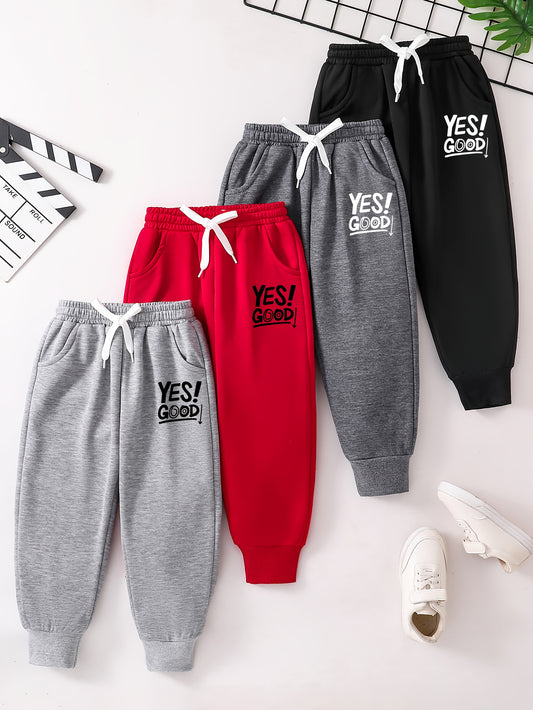4pcs Boys' Thermal Long Pants Set - High Quality & Machine Washable 100% Polyester School Pants with Elastic Waist & Pockets, 4-10 Years (Ages 4-10) - 4 Colors (Light Gray, Red, Dark Gray, Black) - Warm Winter Pants for Schoo
