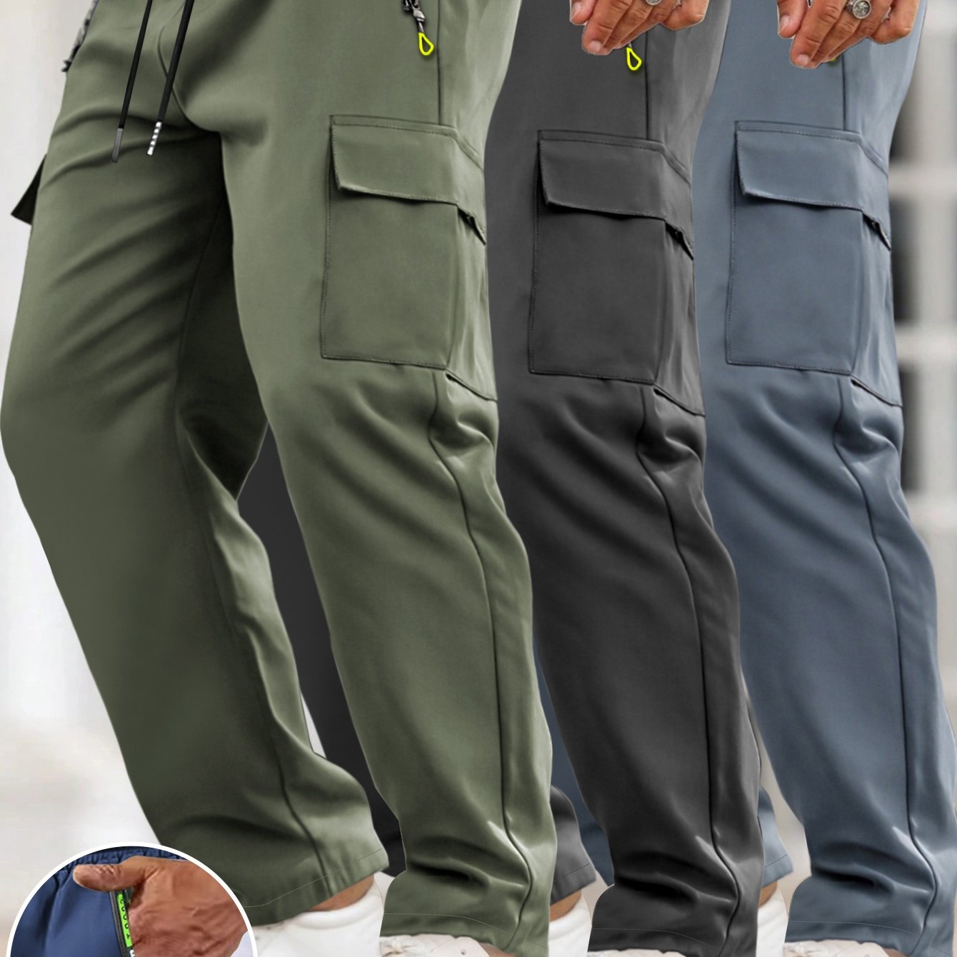 [3pcs Men's Cargo Pants] 3pcs Lightweight Men's Cargo Pants | Drawstring Elastic Waist, Multiple Zipper Pockets & Large Side Pockets | Breathable Regular Fit Casual Outdoor Pants for Spring/Fall (Black/Grey)