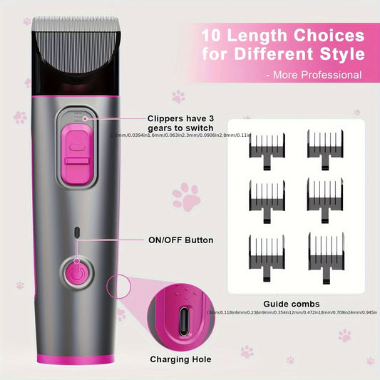 Dog Grooming Kit 10pcs, Red/Purple All-in-One Blow/Suction/Trimming Pet Grooming Tools, Hair Clipper, Vacuum Cleaner, Powerful Hair Dryer, Power Adjustable, Easy to Remove Hair, More Suitable for Pet Cats And Dog Use