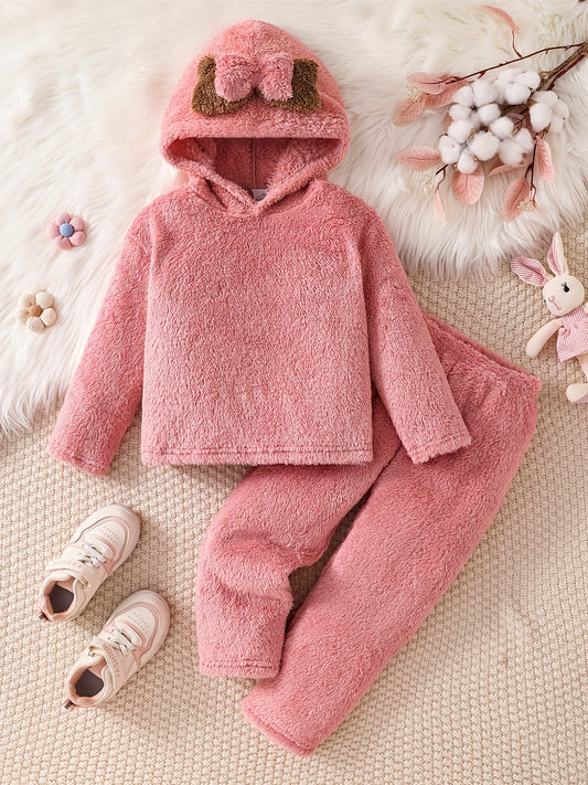 Girls' Warm Fleece Hooded Pullover Jacket + Long Pants Set, Autumn Winter Plush Coat with Elastic Waist Trousers for Girls' Cold Weather Protection Sweater Top and Matching Joggers Outfit, 4-5-6-7-8 Years Old Suitable for Goi