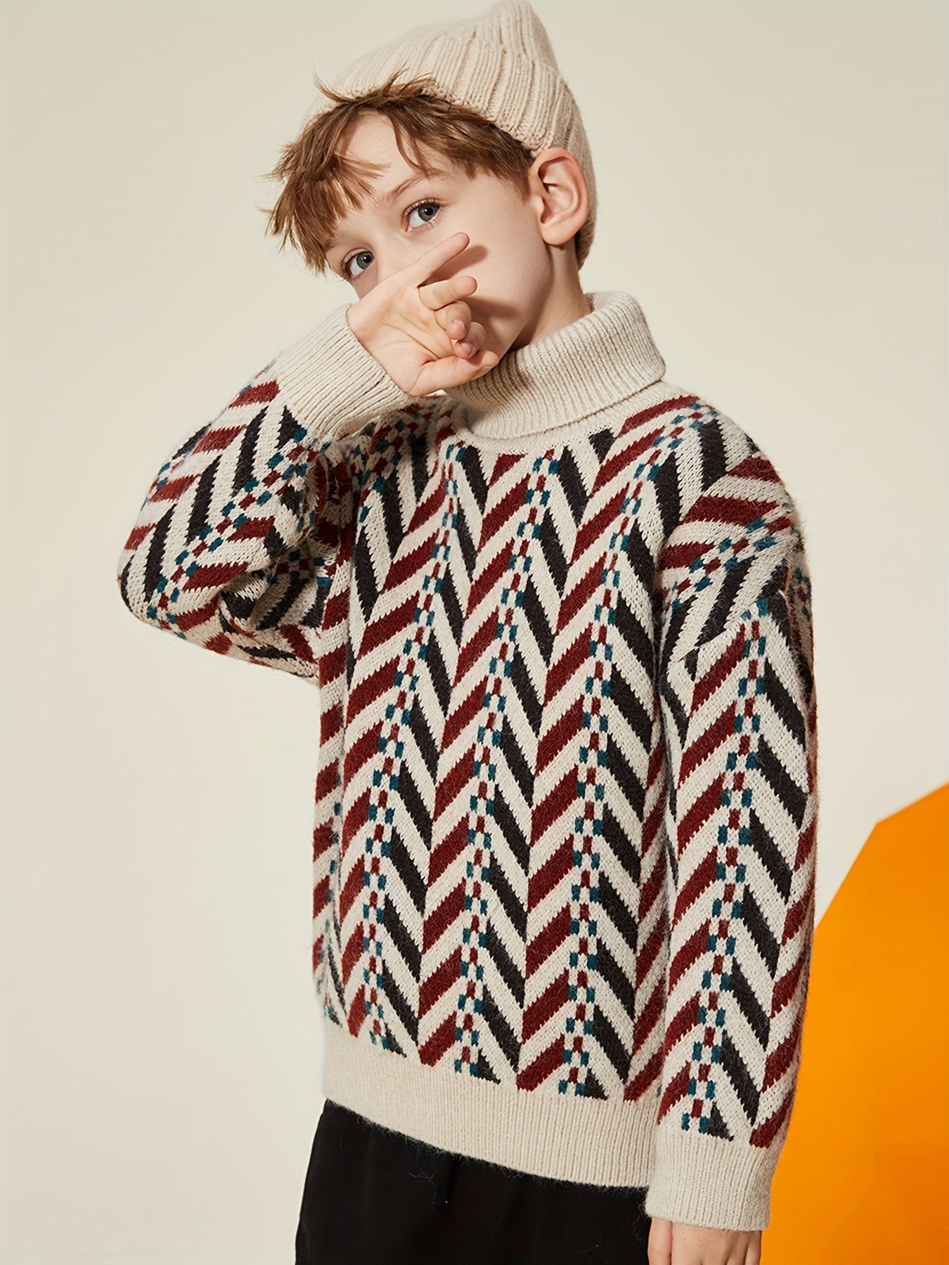ASK JUNIOR Boys' Winter Warm Sweater - Thickened Knit Sweater with Color Block Design, Long Sleeve Round Neck Pullover for Boys, Cozy Winter Sweater for School, And Casual Wear, Winter Sweater, School Outfit, Classic Knitwear