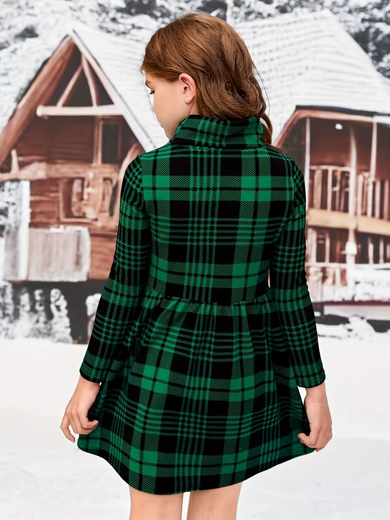 Girls' High-Neck Long Sleeve Plaid Dress - Stretchy Slim Fit Winter Dress with Green & Black Checkered Pattern, Casual Fall/Winter Outfit for Youngsters & Youngsters, Youngsters Winter Wear, Youngsters Fashion, Medium Elastic