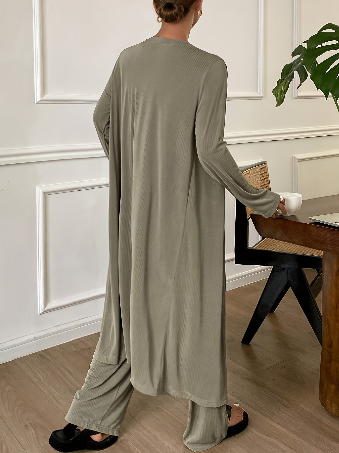 [Women's Loungewear Set] New Popular Women's Loungewear Set - Autumn And Winter Solid Color Sleeveless Square Neck Camisole, Straight Elastic Waistband Pants, Long Sleeve Cardigan - Comfortable Loose Pajama Set