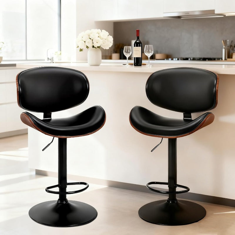 Bar Stool Set (2-Piece/4-Piece/6-Piece), Adjustable Bar Height, PU Leather-Covered Seat, Ergonomic Backrest and Footrest, Non-Slip Rubber Base, Suitable for Bars and Home Kitchen Islands, Black