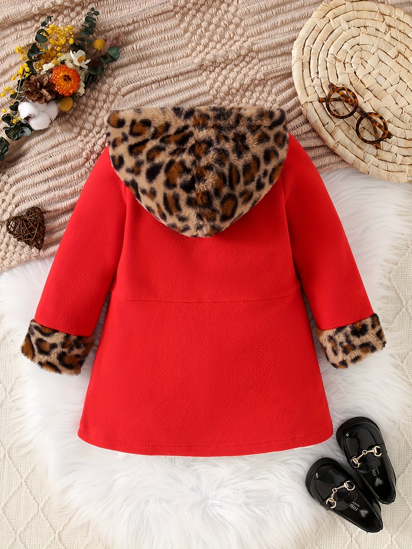 Girls' Winter Fleece Jacket - Cozy Red & Brown Leopard Print Hooded Long Sleeve Trench Coat with Golden Buttons, Warm & Comfortable College Style Outerwear, Perfect for Fall/Winter Fashion, Winter Jacket For Girls, Jackets Fo