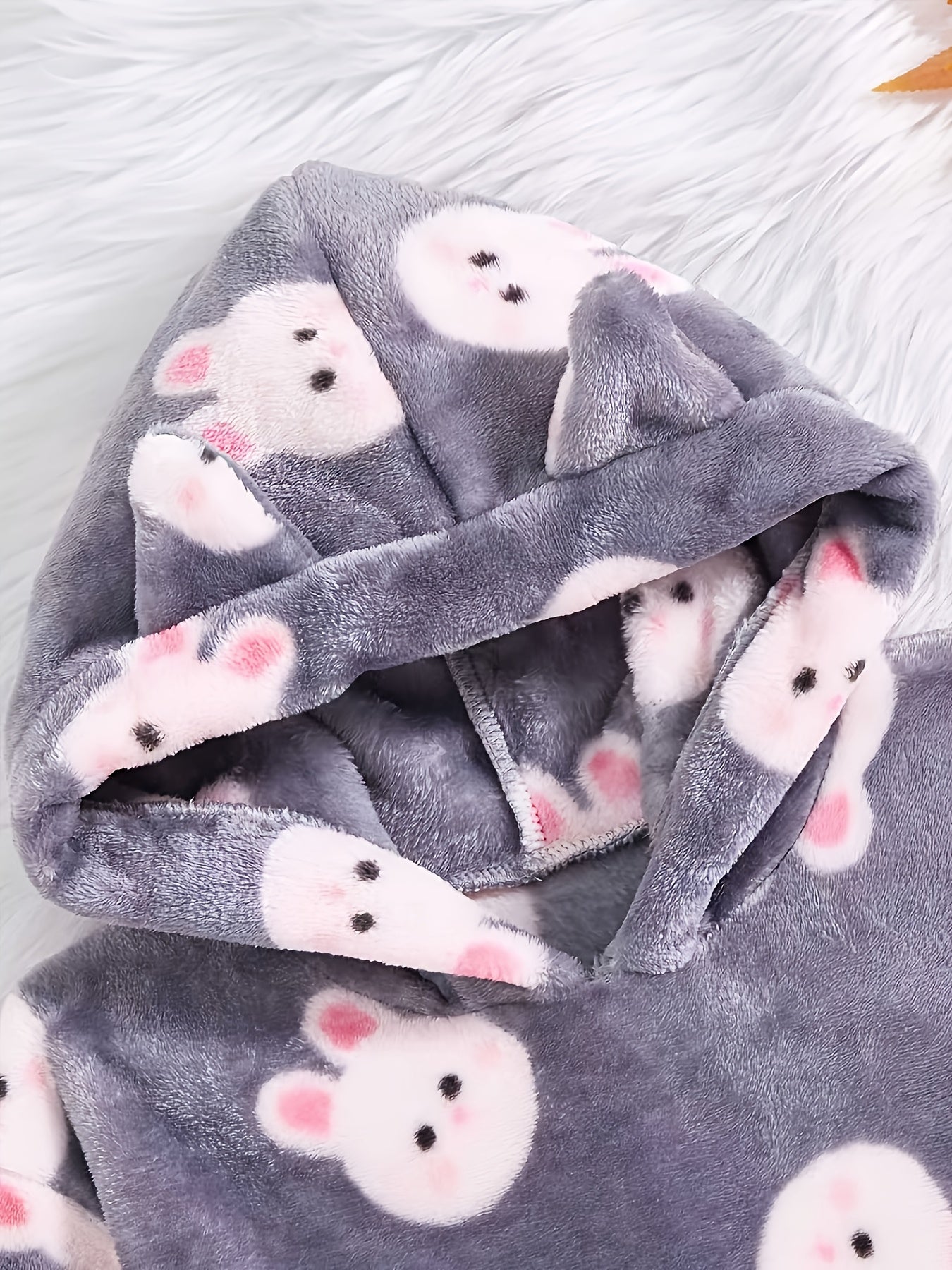 's Plush Hooded Sweatsuit Set - Soft Rabbit Pattern Winter Outfit with Hooded Sweatshirt & Pants, Cozy Loose-Fit Long Sleeve Romper, Machine Washable & (Grey with Pink Bunnies) - Fall & Winter Warmth, Perfect for Outdoor