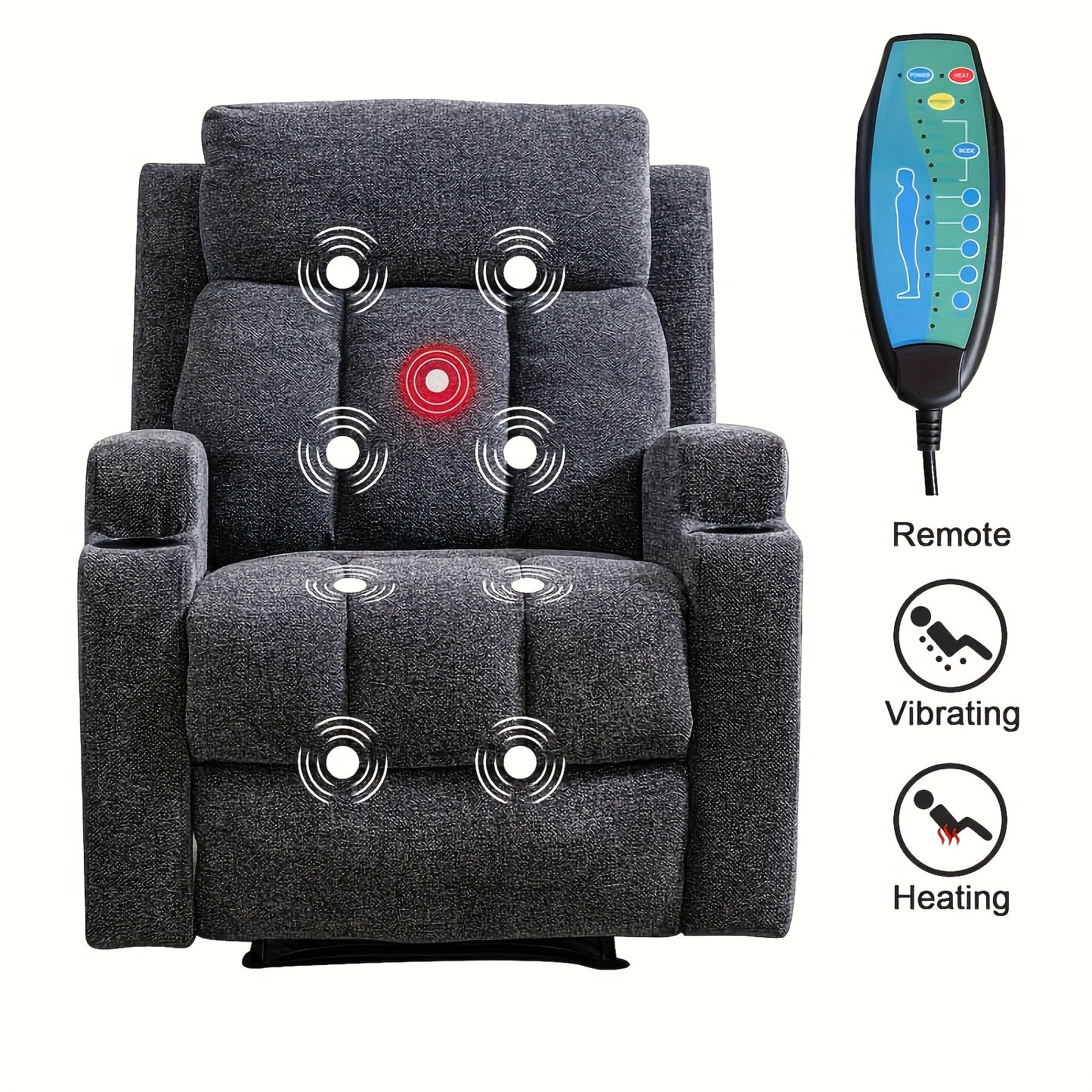 Manual Recliner Chair with Massage And Heat Ergonomic Overstuffed Breathable Fabric Reclining Chair with 2 Side Pockets, 2 Cup Holders, Remote Control, for Game & Recreation Room Furniture