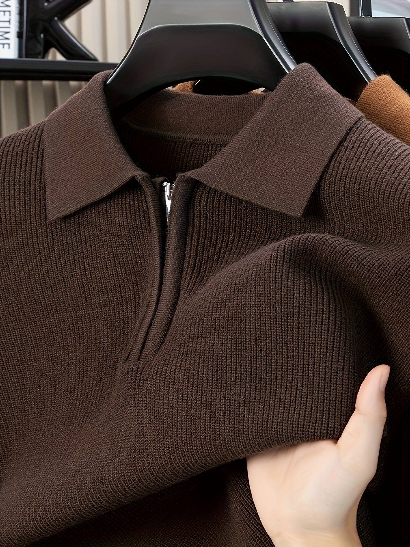 Men'S Heavyweight Thick Sweater - Slim-Fit Long Sleeve Winter Warmth, Square Neck & Drop Shoulder Design, Solid Brown/Red Elegant Knitwear, Durable Half-Zip Front Closure, Casual & Formal Office Wear, High-Stretch Fabric for