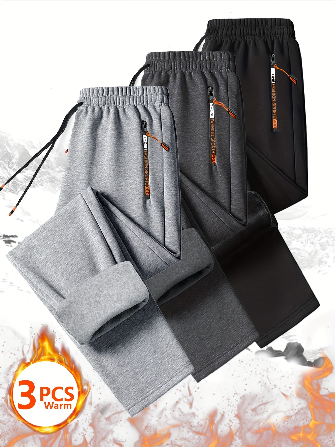 [Men's Fleece Sweatpants Set] Set of 3 Men's Cozy Fleece Sweatpants with Zippered Pockets - Drawstring Waist for Casual Wear, Track Activities, Workouts & Outdoor Running