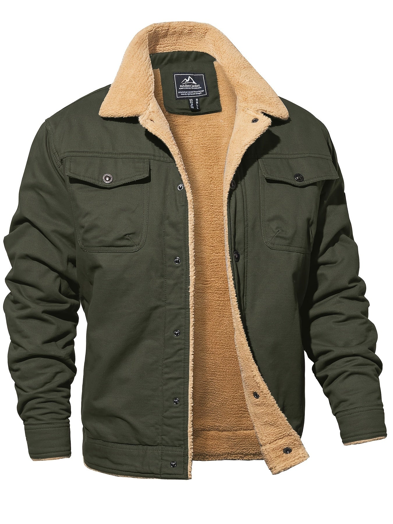 Men's Winter Jacket, Casual Grain Feel Fleece Washed Fabric Thick Soft Cozy Warm, Twill Texture Multifunctional Pocket Open Placket Metal Buckle, Trucker Style, Outdoor Running Hiking Climbing Camping Traveling Fishing Daily