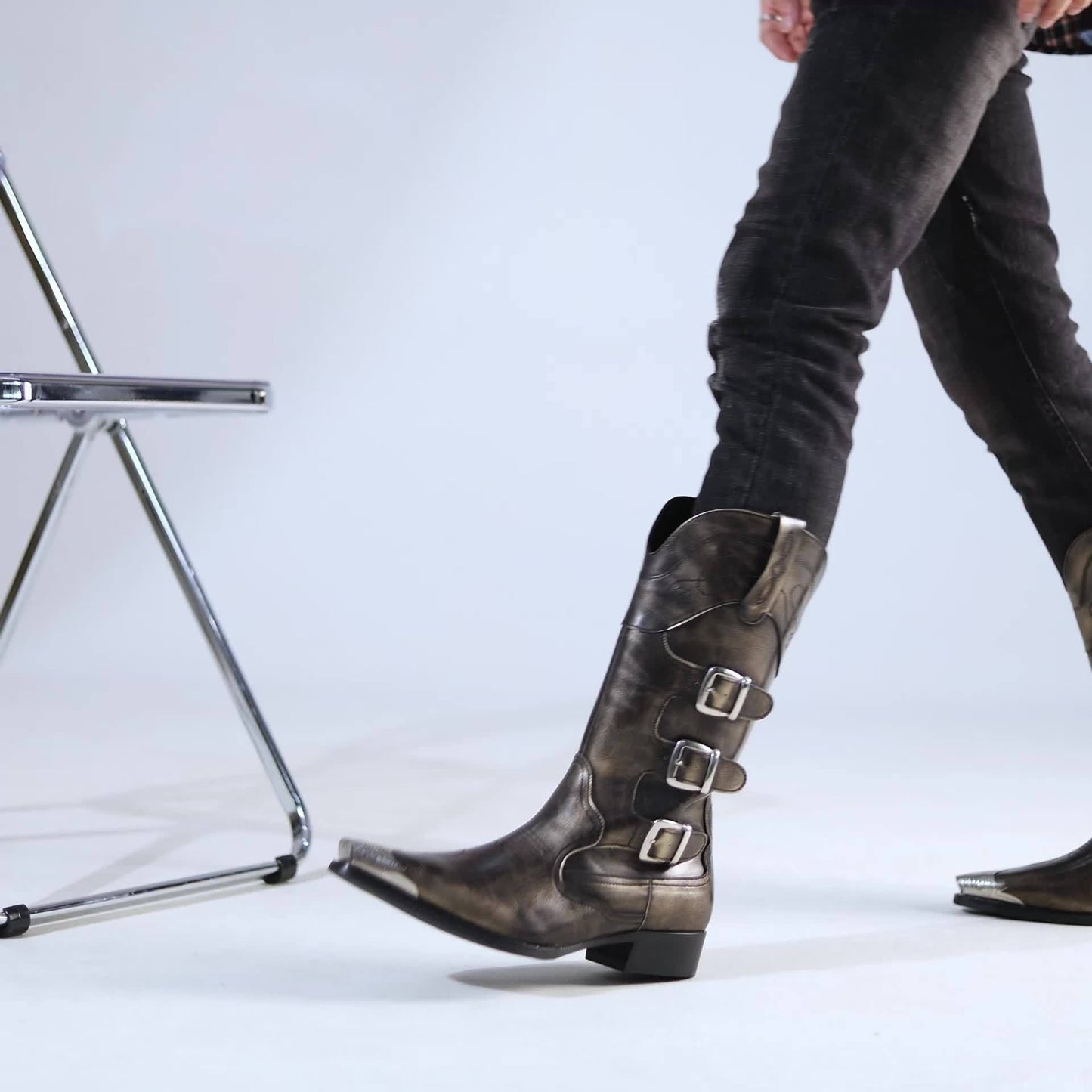 Men'S Western Cowboy Boots with Metallic Accents & Iron Toe - Slip-On Pointed Toe, Black & White Faux Cover, Rubber Sole for Weddings, Parties, Casual Streetwear - All-Season Versatile Outdoor Boots, Cowboy Boots, Wedding Foo