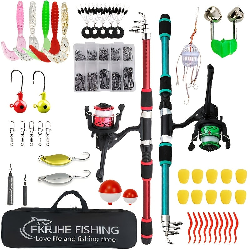 2pcs Fishing Gear Set/2 Telescopic Fishing Rods/2 Spinning Reels/1 Fishing Gear Bag/1 Box of Bait, Hooks, Sequins And Accessories