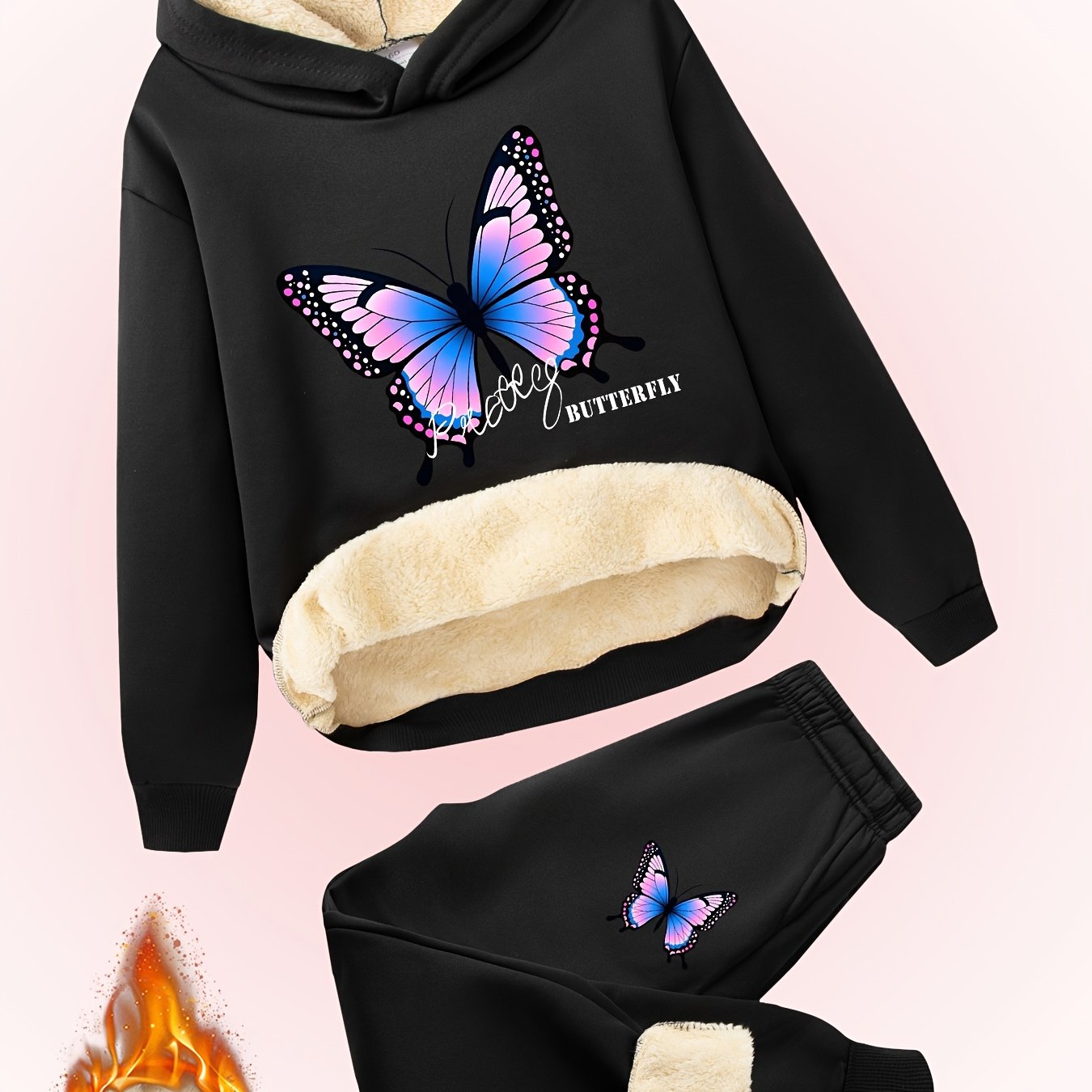 2pcs Girls' Butterfly Print Fashionable Versatile Hoodie + Pants Set, Winter Plush Lined Warm Comfort Casual Outfit for Daily and Outdoor Activities, Perfect for Outdoor