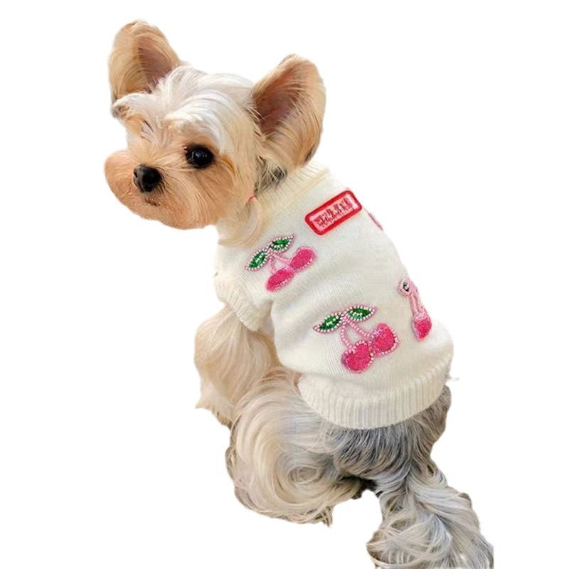 Cute Cherry Print Sweater for Small/Medium Dogs & Cats - Pink & White Pomeranian-like Pets, Maltese, Bichon Frise, Shih Tzu - Cozy Winter Outfit with Cherry Collar, Easy Pullover Dog Apparel