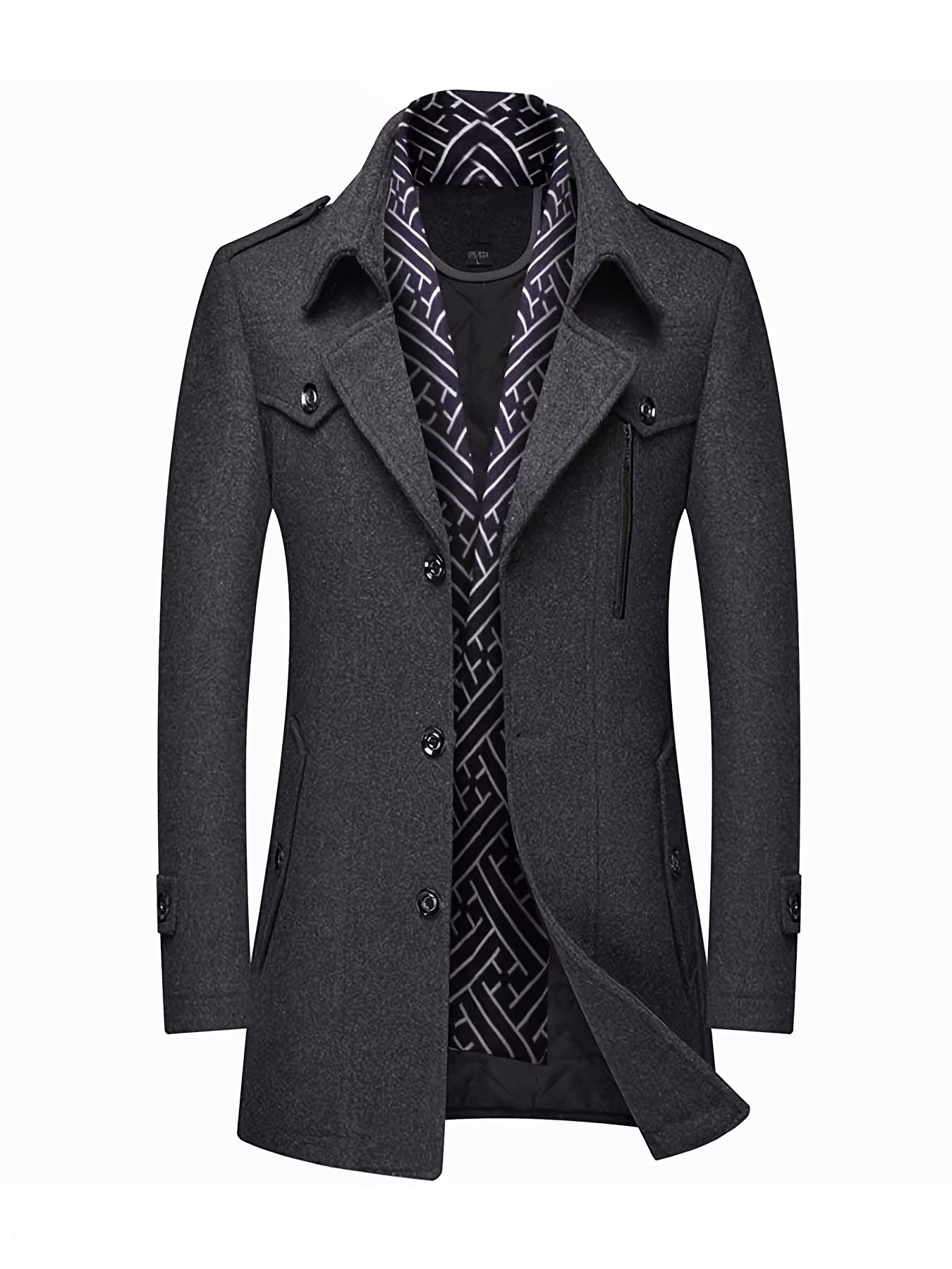 Men's Wool Blend Winter Coat with Detachable Scarf/Collars - Single-Breasted Trench Coat, Pocket & Durable - Warm Pea Jacket for Cold Weather, Casual & Formal Outfits (Hand Wash/Dry Clean)