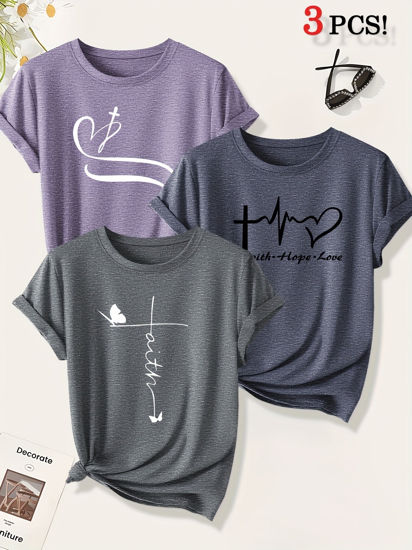 [Christian Cross T-Shirts] A Set of Three Women's Christian Cross Pattern Short-Sleeve T-Shirts Featuring Crosses, Hearts, And Butterfly Prints, Perfect for Casual Summer Wear. Stylish, Elegant, And Versatile, Available in Mu