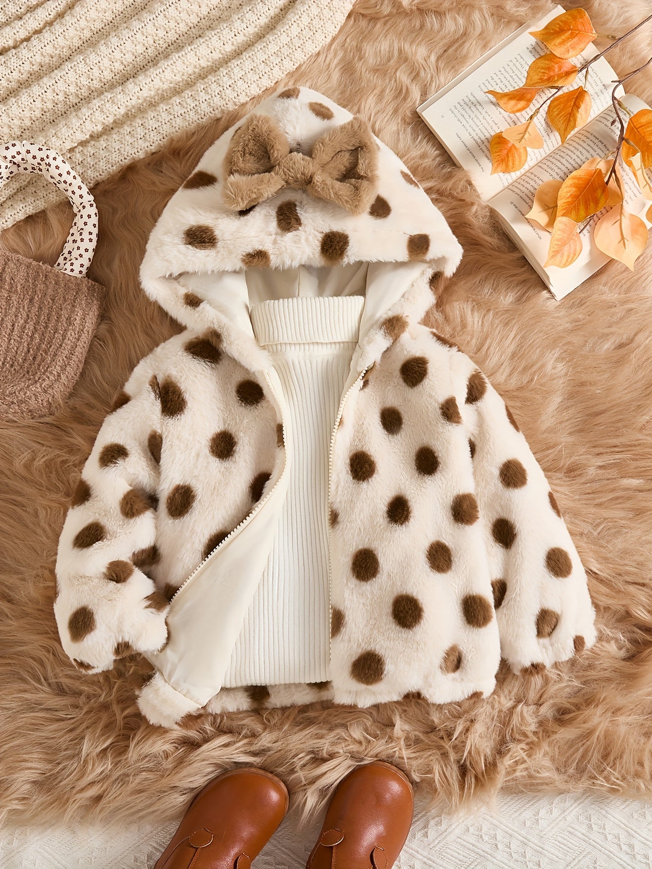 Girls' Winter Cozy Fleece Bow Hooded Zip-Up Jacket with Polka Dot Pattern - Soft Warm Coat for Cold Weather, Cute Casual Style, Perfect for Outdoor Activities, Cute Jackets for Girls, Durable Outerwear
