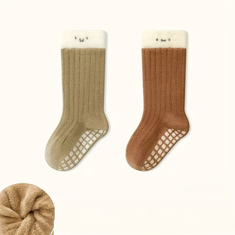2-Pack Kids Floor Socks, Autumn/Winter Fleece-Lined Thick Warm Unisex Baby Mid-Calf Socks, Toddler Non-Slip Walking Socks