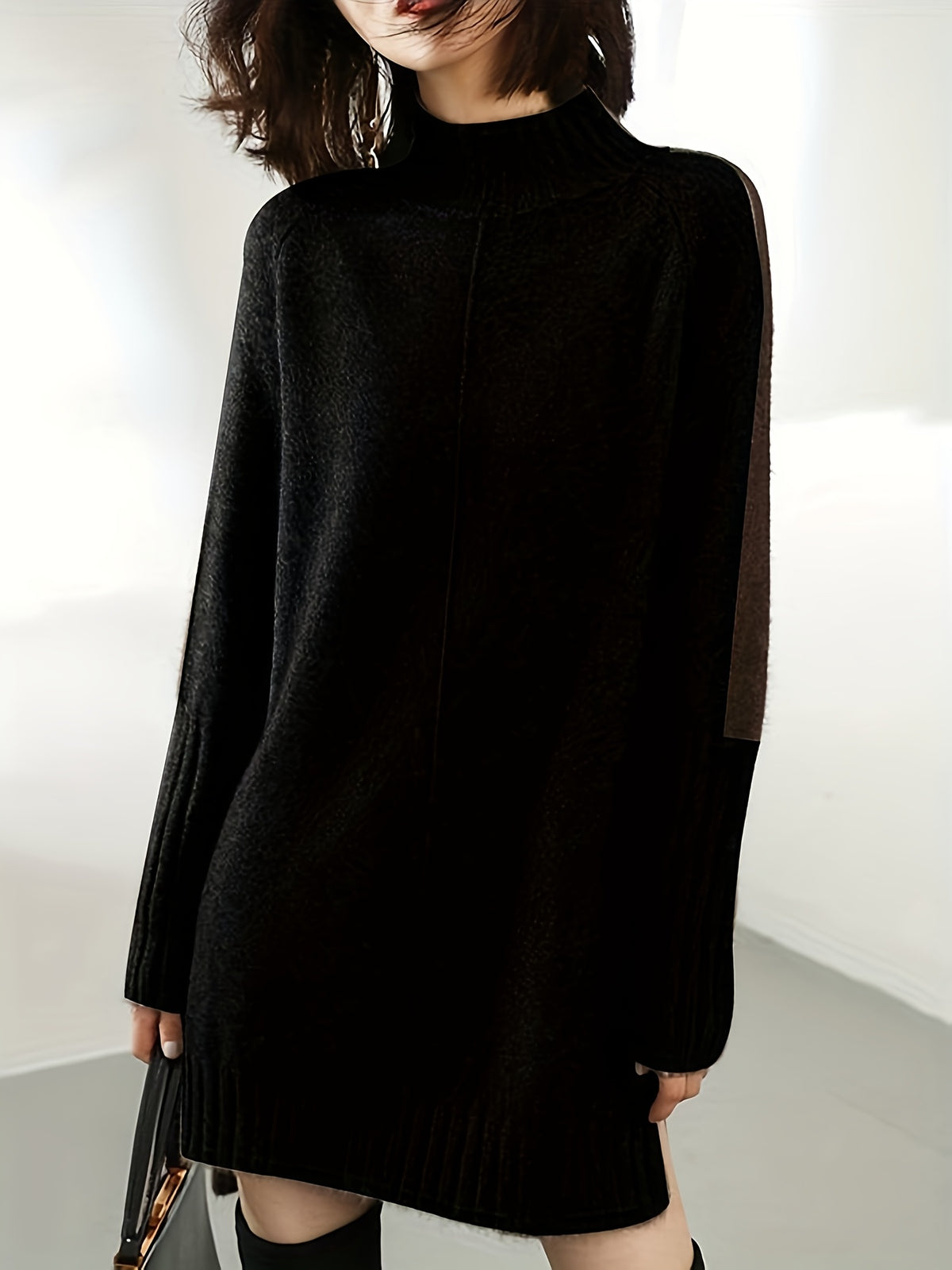 Women's Winter New Loose Elegance Long Sleeves Contrast Color Half Turtleneck Sweater Dresses
