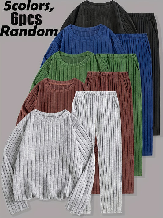 [6pcs Boys Knitted Set] A Random Set of 6pcs, Solid Color Knitted Ribbed Fabric Round Neck Pullover for Boys, Casual Sports Style Knitted Sweatshirt And Pants Set, Suitable for Everyday Wear And Outdoor Activities, for Outdoo