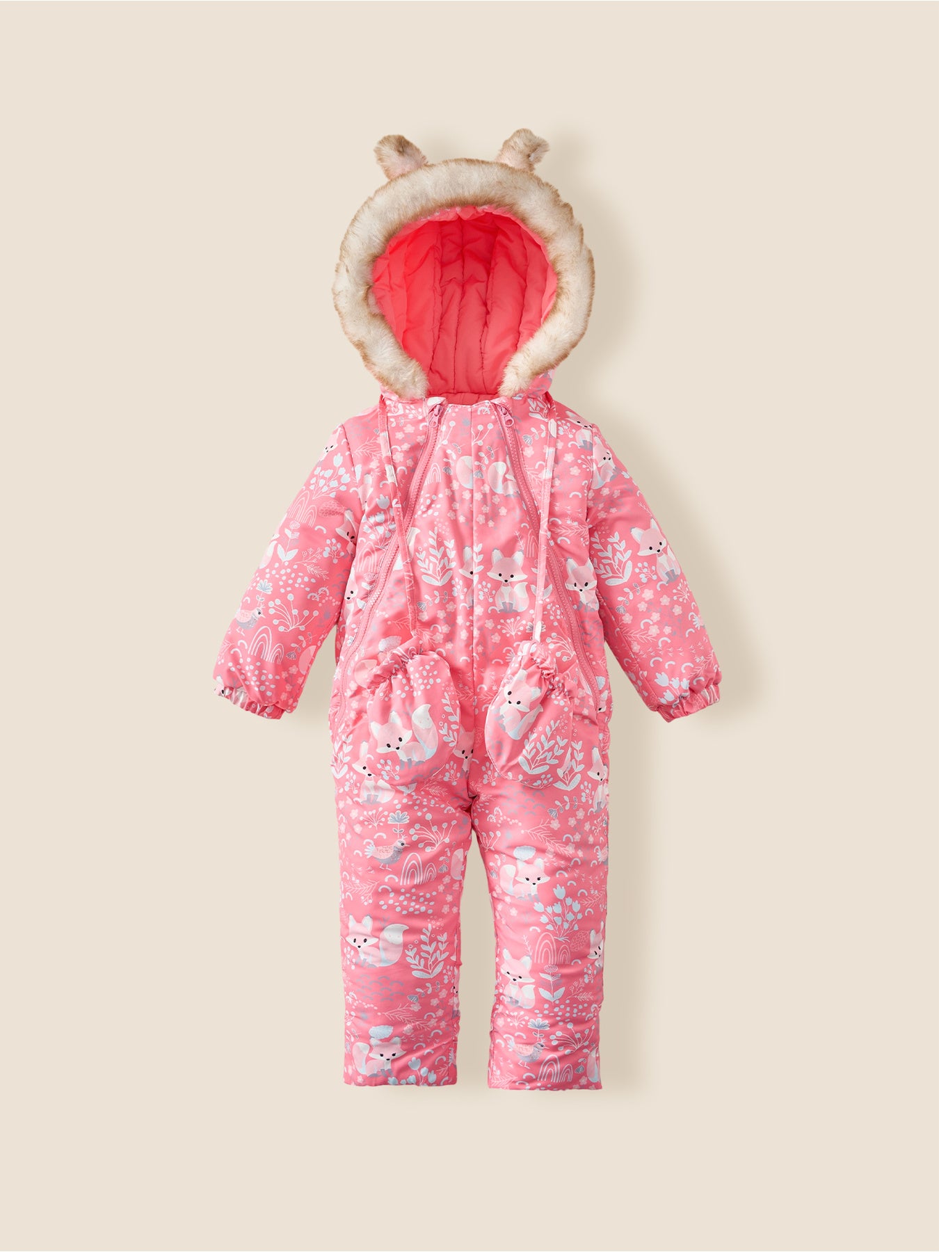 Girls' Pink Snowsuit with Hood, Full-Print Animal and Plant Patterns, Adorable Ear Design, Front Zipper, Fitted Waist, Cute Side Pockets, Cuffed Sleeves and Legs, Warm and Windproof for Cold Weather Outdoor Play, Winter Snow