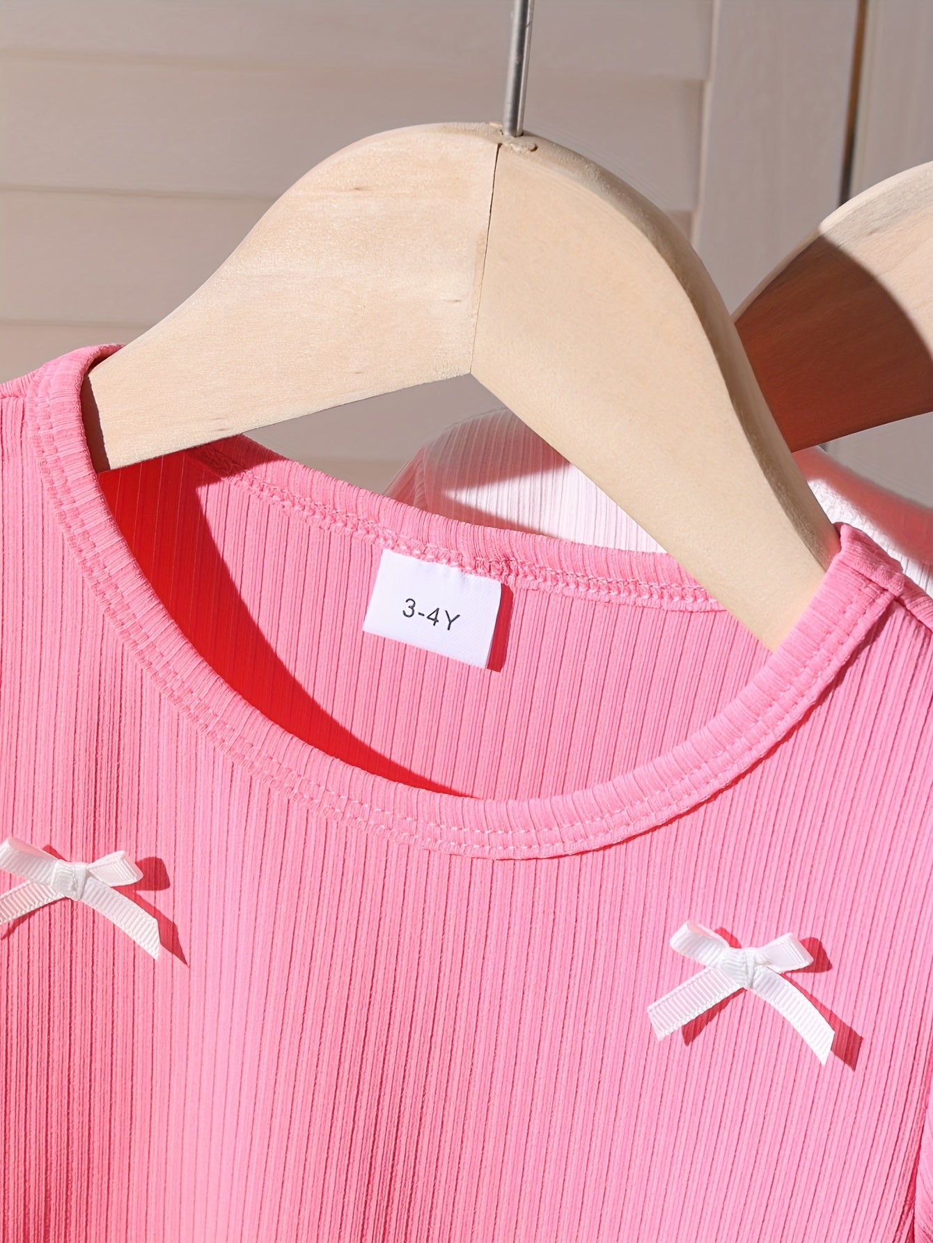 [Girls' Summer T-Shirts Set] 3pcs Girls' Summer T-Shirts - Casual Cute Style, Soft Knit Fabric, Short Sleeve Round Neck, White Pink Black with Bow Accents, Ruffled Hem, Machine Washable for Everyday Summer Outfits, Easy Care