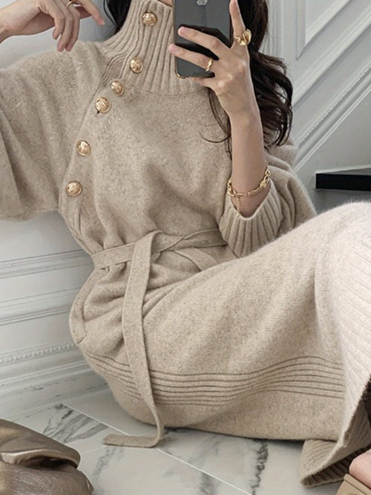 SCACTO 2025 Cozy Maxi Dress, Chunky Turtleneck, Adjustable Tie Waist, Loose Winter Sweater Gown