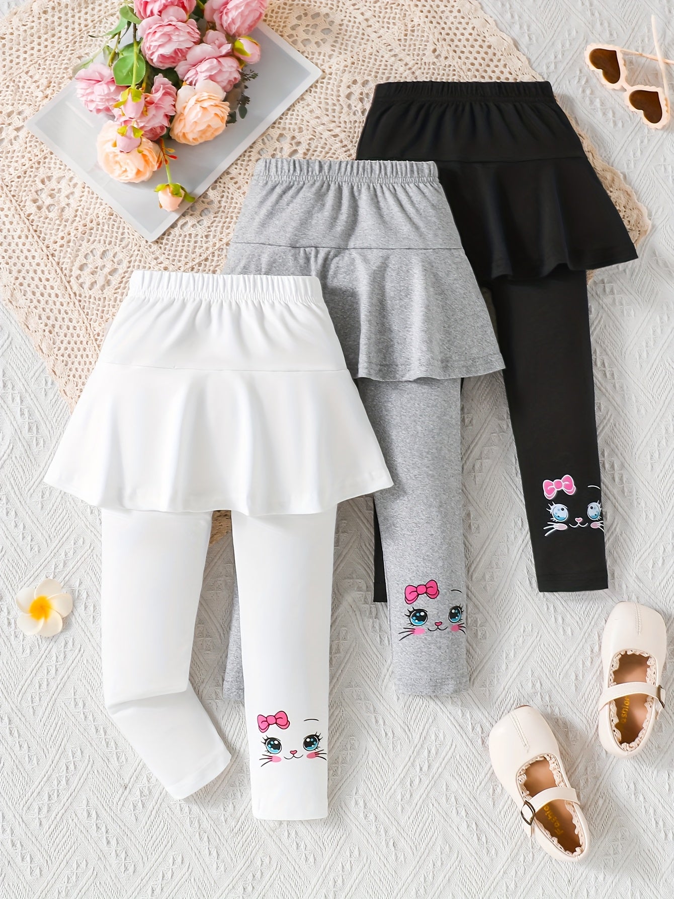 Casual Dress Pants with a Cat Pattern for Young Girls in Spring And Autumn (Set of 3), a Gift for My Daughter.