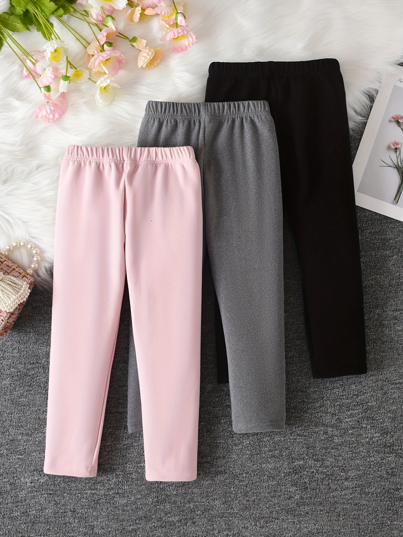 Girls' 3pcs Fleece-Lined Leggings Set - Soft Stretchy Winter Pants with Elastic Waistband, Solid Color (Pink, Gray, Black) - Cozy Long Trousers for Casual & Outdoor, Perfect Birthday Gift, Winter Leggings, Outdoor Clothing, S