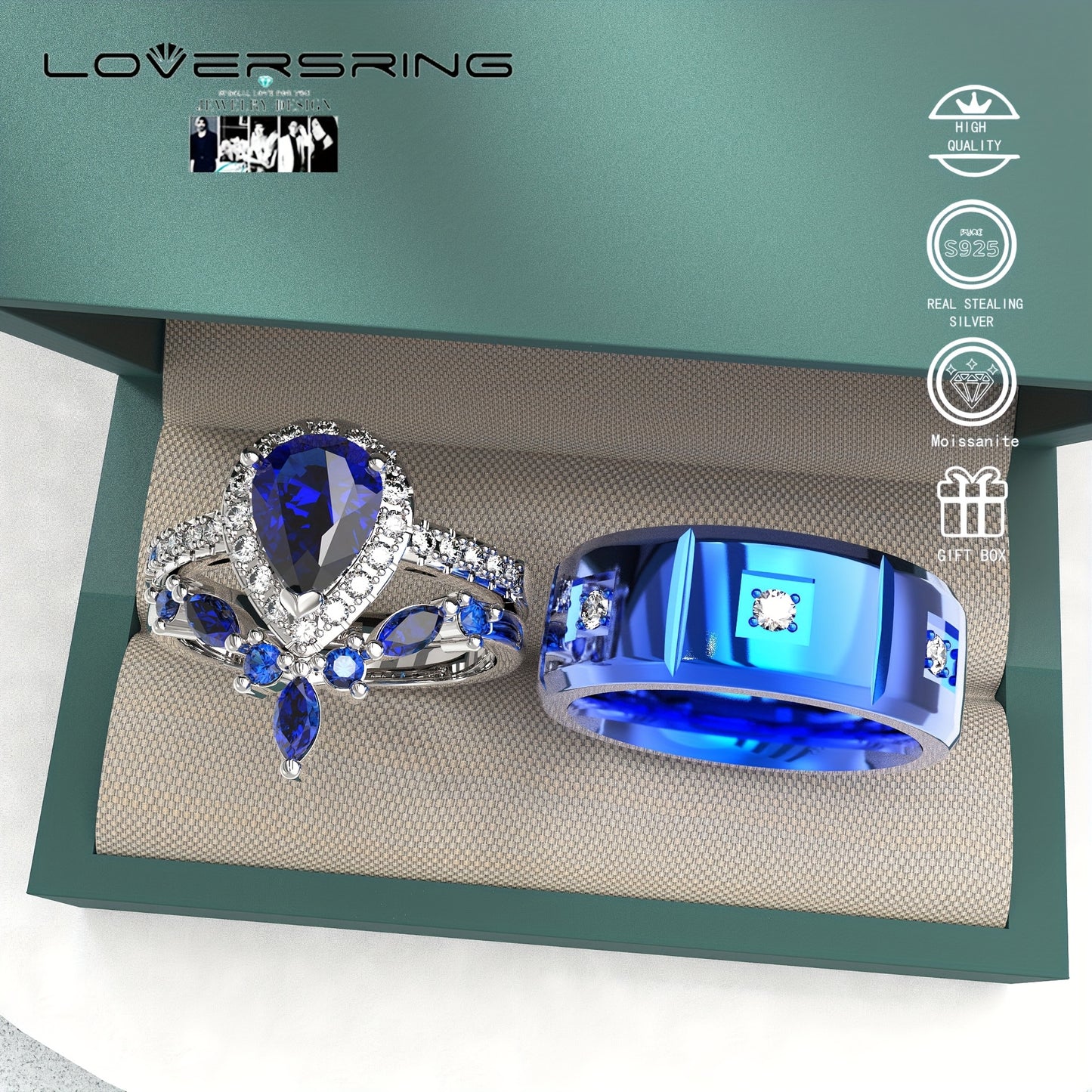 Bridal Sets Wedding Ring Sets His And Hers Promise Ring Couples Bridal Sets Women S925 Sterling Silvery Blue Moissanite Man Titanium Wedding Bands With Couple Ring Box