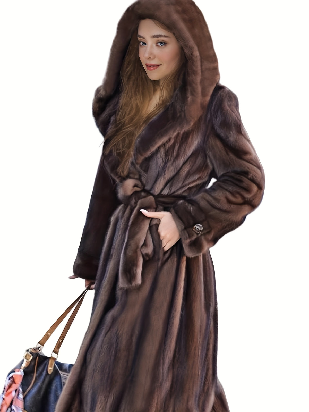Elegant Women'S Faux Fur Coat - Fashionable & Casual Long-Sleeved Hooded Faux Mink Coat In Coffee Brown, Featuring Single Breasted Closure, Removable Belt, Regular Sleeves, Minimalist, Elegant, Stylish & Personalized, Suitabl