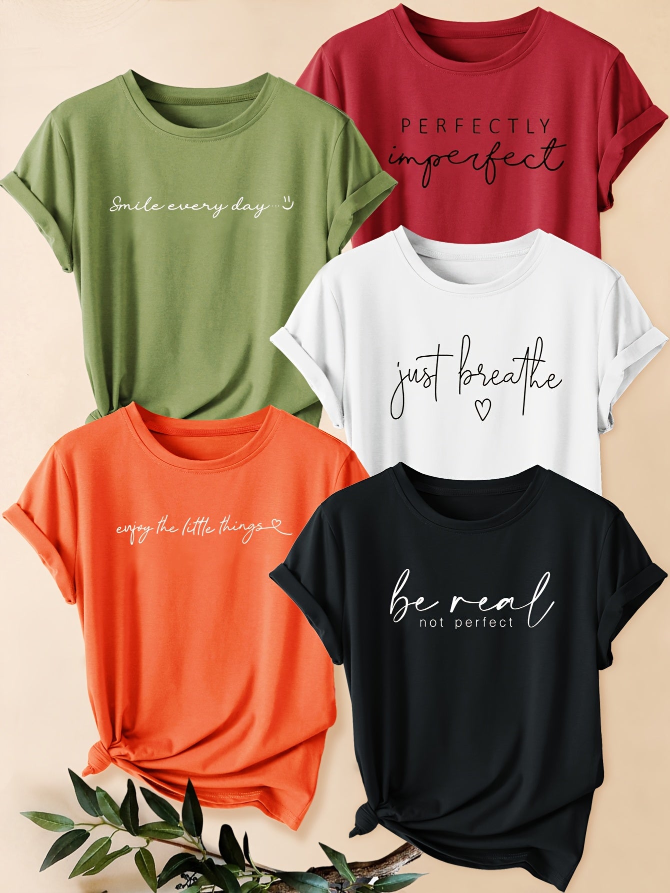Women's Casual Sporty Round Neck Short Sleeve T-Shirts, Five-Pack, Vintage Style, Black and White Letter Print, Fashion
